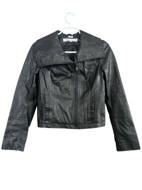 Kenneth Cole Black Leather Moto Jacket Large Collar Women’s Size XS